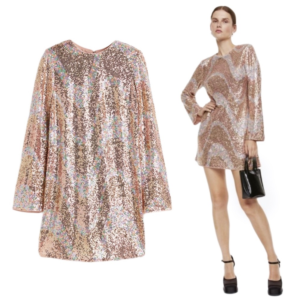 Sequin Mini Dress BNWT H&M Sequinned Holiday Gown Long Sleeves Mod XL